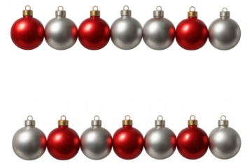 Red and silver christmas ornaments arranged in two rows on a transparent background, perfect for holiday designs and festive decorations