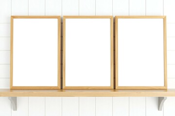 Three empty wooden picture frames displayed on a shelf against a white paneled wall