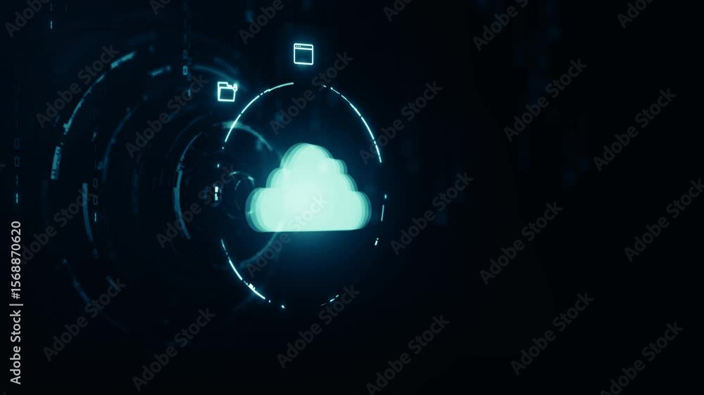 Poster futuristic cloud computing interface with data storage, security, and internet connectivity icons. c