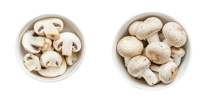A captivating contrast: Two bowls of white mushrooms against a stark black background