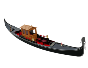 Traditional venetian gondola with wooden cabin and red seats isolated on transparent background
