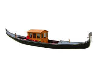 Traditional venetian gondola with wooden cabin and red seats isolated on transparent background