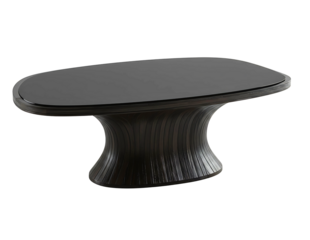 Modern oval coffee table with dark wood base and black glass top isolated on transparent background