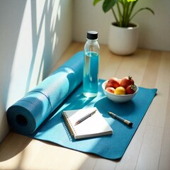 A flat lay composition of a morning routine setup: a yoga mat rolled up in the corner, a glass water bottle, a journal, a pair of sneakers, and a bowl of fresh fruit. The items are arranged on a light