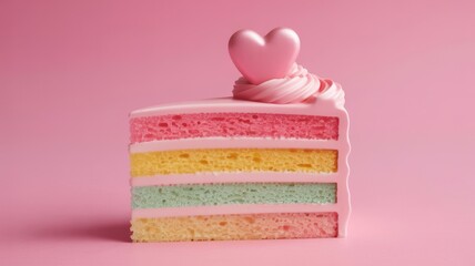 Colorful layered cake with heart decoration on soft pink background