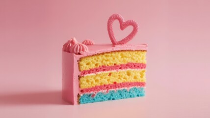 Colorful layered cake with heart decoration on soft pink background