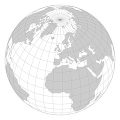 Grey world map with grid line point on Europe and view from outer space. Vector Map Illustration.