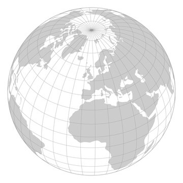 Grey world map with grid line point on Europe and view from outer space. Vector Map Illustration.