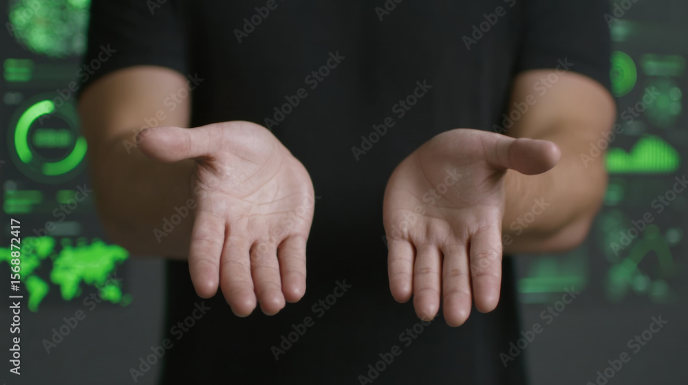 Aufkleber person in a black shirt holds out both open hands against a dark background with green digital data 