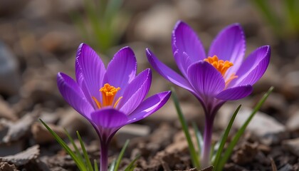 Two Vibrant Purple Crocus Flowers Blooming in Spring Garden