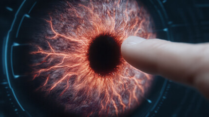 close-up digital illustration of a human eye"s iris with intricate red veins, being touched by a finger, highlighting biometric technology or futuristic interface.