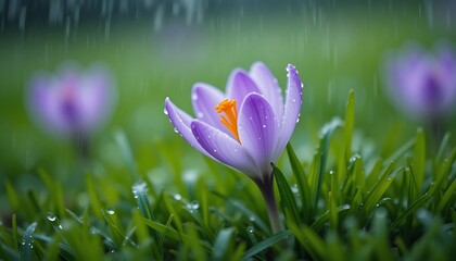 Beautiful Crocus Flower Blooming in the Rain, Springtime Nature Photography