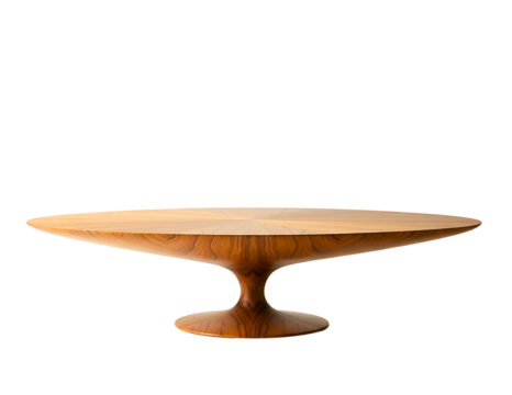 Modern wooden pedestal dining table with a smooth curved shape isolated on transparent background