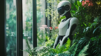 A futuristic humanoid robot stands quietly among lush greenery. This striking scene captures the blend of technology and nature beautifully. It evokes a sense of harmony. Generative AI