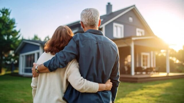 A couple stands admiring a house in a sunny yard
