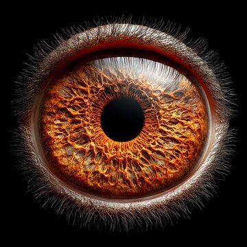 Extreme close up of a brown human iris with intricate patterns and visible eyelashes