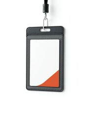 Black leather id badge holder with orange accent hanging on a lanyard