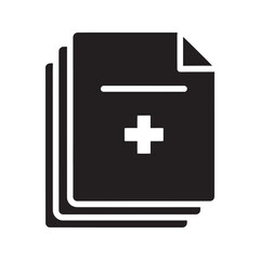 Fototapeta premium Medical documents solid icon with a stack of files and plus sign for patient records healthcare information and clinical data archive vector glyph