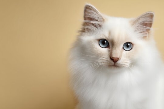 A beautiful birman cat with blue eyes and white fur captured with a soft depth of field in a pastel tone setting