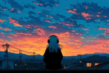 Fototapeta premium A person with headphones gazes at a vibrant sunset sky over a city skyline