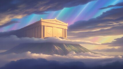 Mount Olympus with Golden Temple Above Swirling Clouds and Aurora Sky