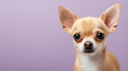 Adorable small dog with big expressive eyes captured in a soft pastel lilac background emphasizing its unique features and charm