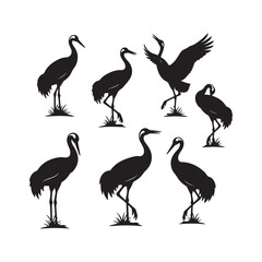Obraz premium Seven Black Silhouettes of Cranes in Various Poses Standing on Simple Grass Patches Against a White Background