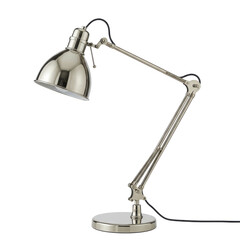 A sleek metallic desk lamp illuminating a workspace, enhancing productivity and style
