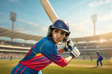Focused Female Cricketer with Bat – Action Portrait in Stadium Match Setting