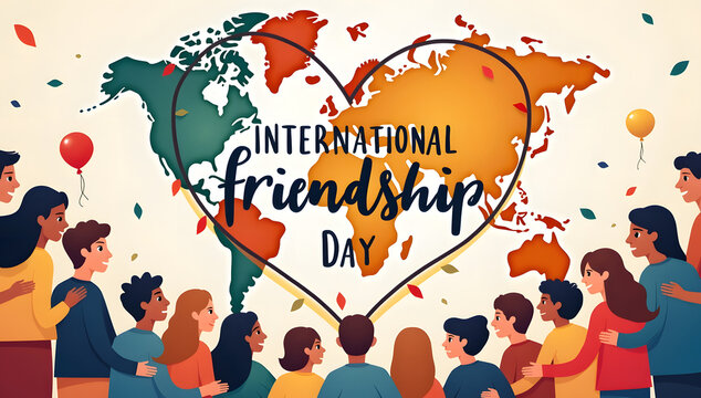 Diverse group of friends celebrating international friendship day around a heart shaped world map - Powered by Adobe