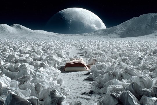 A solitary bed with bedding rests on a barren moonscape under a large moon in a starry sky