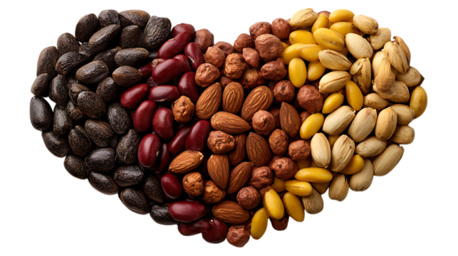 Heart shape arrangement of assorted nuts and beans isolated on transparent background