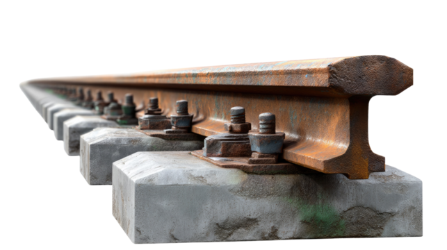 Railway Track: A detailed shot of a railway track featuring its tracks, sleepers, bolts, and nuts, demonstrating the robust construction required for modern transportation.