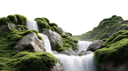 Moss-Covered Waterfall: Serene waterfall cascading over moss-covered rocks, creating a tranquil and lush natural scene.