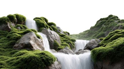 Moss-Covered Waterfall: Serene waterfall cascading over moss-covered rocks, creating a tranquil and lush natural scene.