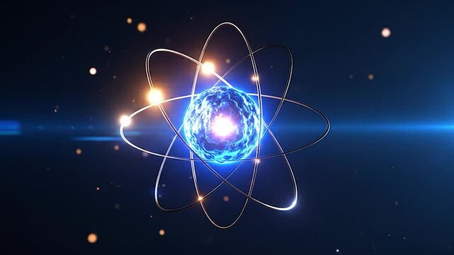 A glowing, 3D model of an atom with orbiting electrons, set against a dark background