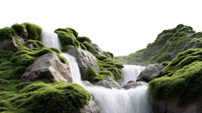 Moss-Covered Waterfall: Serene waterfall cascading over moss-covered rocks, creating a tranquil and lush natural scene.