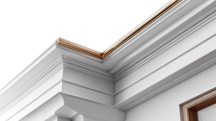 Elegant Architectural Detail: Exquisite close-up of an intricately designed white and gold crown molding against a stark backdrop. The focus is on the fine details.