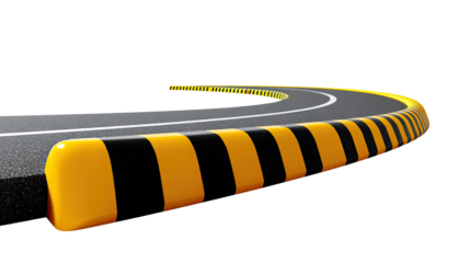 Road Curve with Safety Strip: A dynamic shot of a road curving, a vibrant black and yellow safety barrier, leading the viewer into an open space, with a sense of adventure and the journey ahead. 