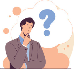 thinking businessman with question mark in thought bubble cartoon illustration