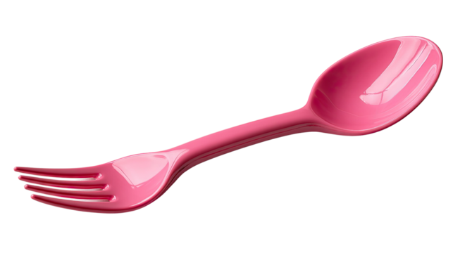 Pink Hybrid Utensil: A unique, vibrant pink hybrid utensil, merging the function of a fork and a spoon into one. Perfect for food and catering content, this image is eye-catching and playful.