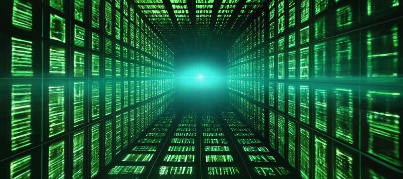 Virtual digital cyberspace. Matrix binary data portal. Generative video AI technology.	
