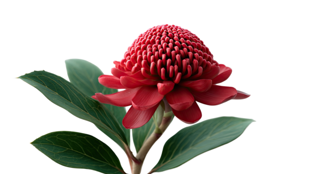 Radiant Waratah Bloom: A vibrant, singular waratah flower takes center stage, showcasing its striking red petals and surrounded by elegant green leaves, all captured in exquisite detail