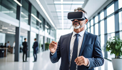 Middle-aged businessman using VR headset in clean, modern office — future of work theme
