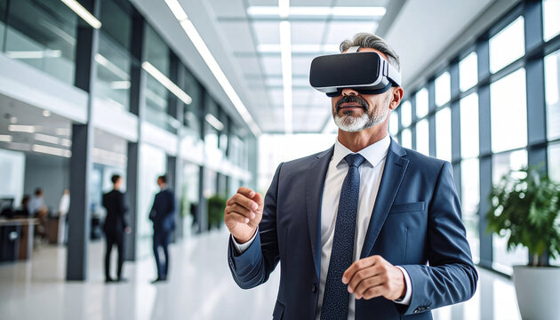 Middle-aged businessman using VR headset in clean, modern office — future of work theme