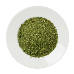 A close-up view of finely chopped green herbs in a white bowl, showcasing freshness and culinary potential