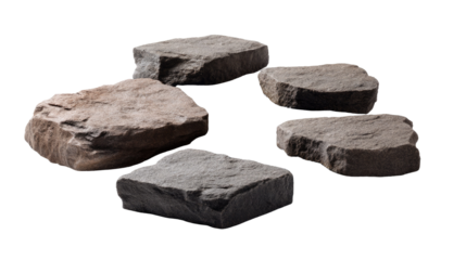 Stepping Stones Arrangement: Five irregularly shaped stepping stones, exhibiting a mix of gray and brown hues, are artfully arranged in a circular pattern, suggesting a pathway or garden feature.