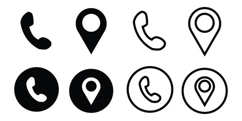 Contact and location set. Vector black icon on white background. Vector illustration 