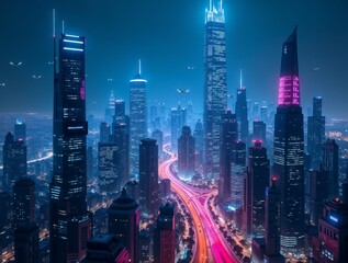 Obraz premium Futuristic cyberpunk city skyline at night with neon lights and flying drones