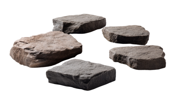 Stepping Stones Arrangement: Five irregularly shaped stepping stones, exhibiting a mix of gray and brown hues, are artfully arranged in a circular pattern, suggesting a pathway or garden feature.